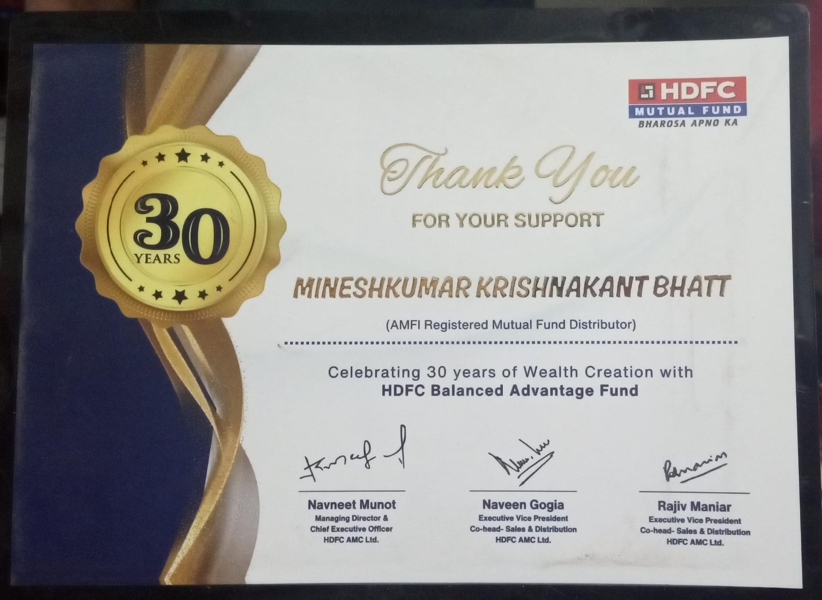 CERTIFICATE FROM HDFC MF 2024
